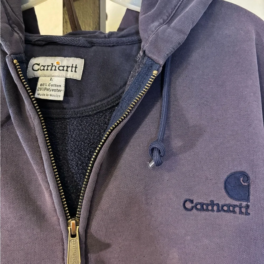 Carhartt Blue Zip-Up Hoodie; heavy-duty, worked in classic - Picture 2 of 7